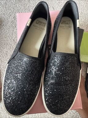 kate spade Black Glitter Slip-On Sneakers with White Sole
